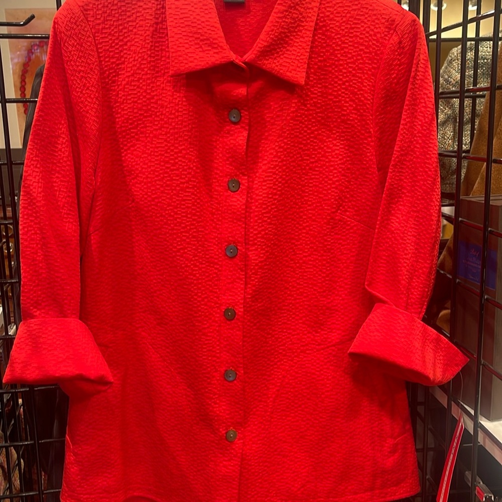 Nina Mclemore orange shirt jacket with pebbles texture 100% cotton darling back